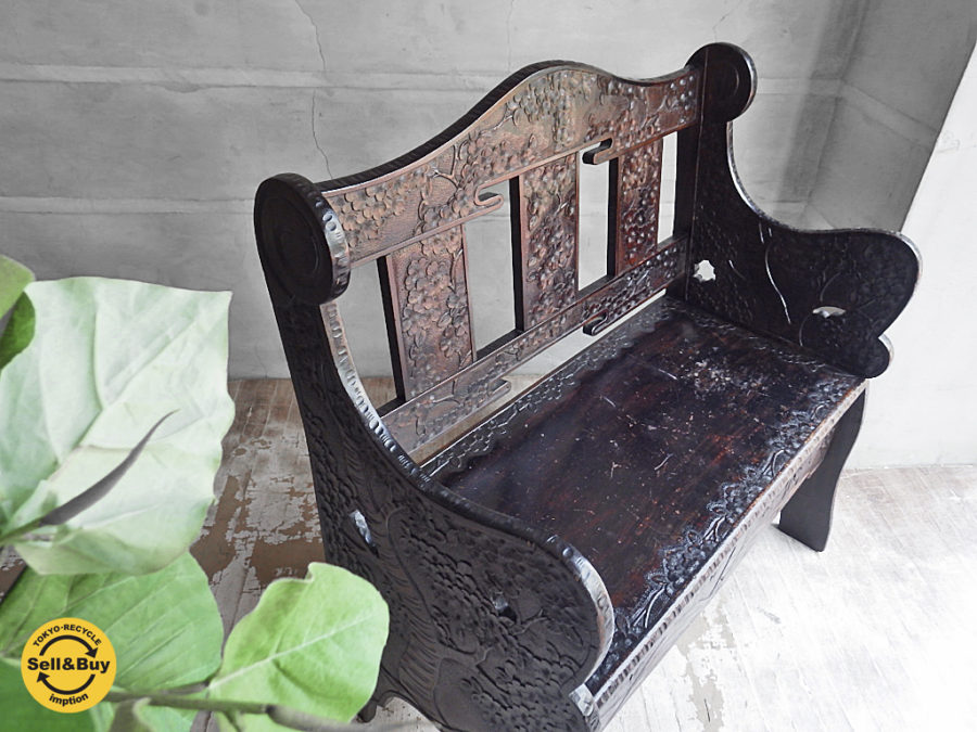 軽井沢彫 無垢材椅子 桜花彫刻 サクラ 伝統工芸 古家具 ベンチボックス