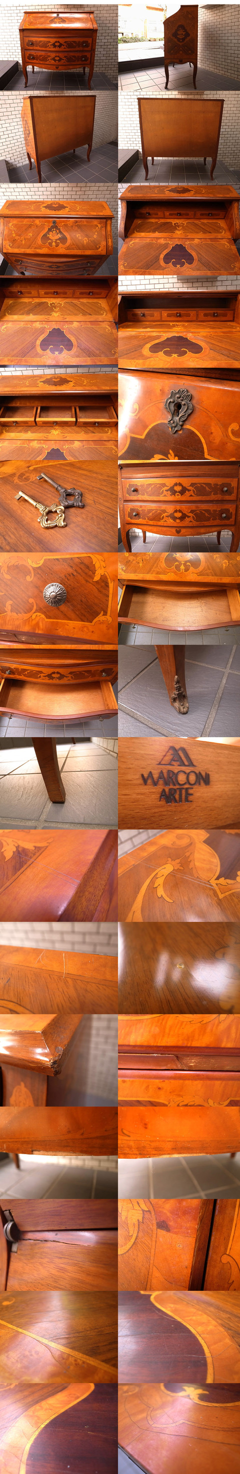 イタリア Marconi Arte / マルコーニ アルテ ライティングビューロ 象嵌 真鍮 猫脚 デスク～ マエストロの称号を持つ職人技と