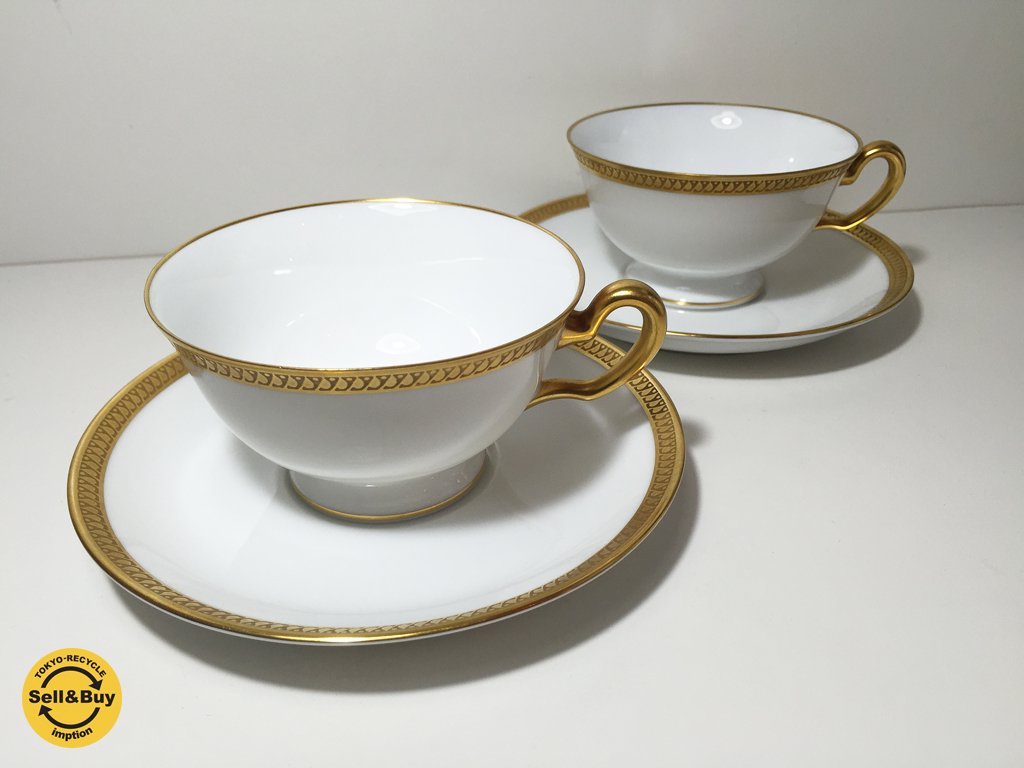 大倉陶園 OKURA 片葉金蝕 白磁 ティーカップ&ソーサー 2客セット b ◎