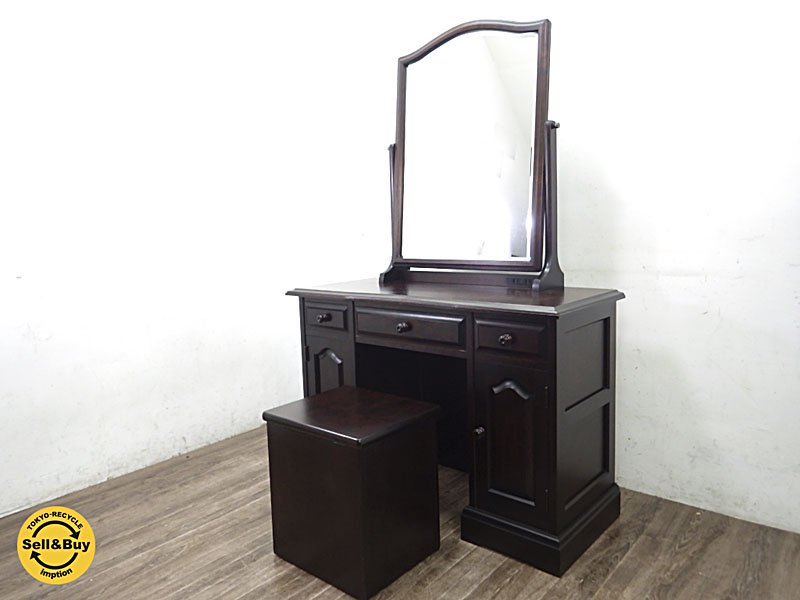北海道民芸家具 樺無垢材 OM342 ドレッサー(スツール付) 北民色 特注品 定価50~60万円 ●