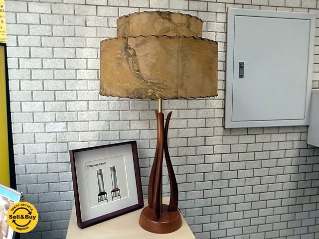 60s US ビンテージ テーブルランプ ウッドベース マニラ麻混シェード Table Lamp ■