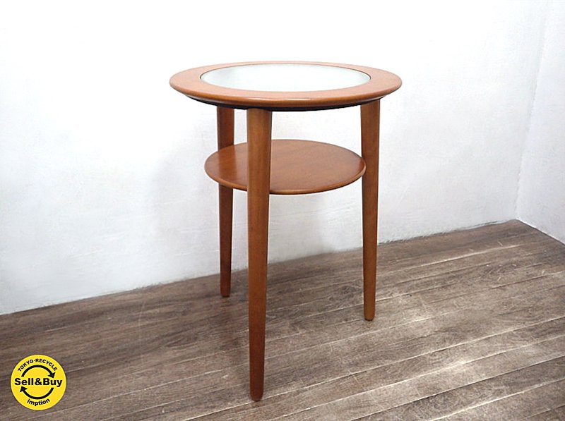 Italy arflex / アルフレックス 展示美品 ・ 廃番希少品 " LAGO / ラーゴ " 『 サービステーブル ( ラウンドガラストップ サイドテーブル ) 2段 』 チェリーカラー ★