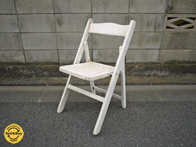 フランスアンティーク ホワイトペイント フォールディングチェア ガーデンチェア シャビー A ◎