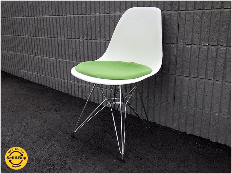 ヴィトラ / vitra. C&R.イームズ 名作 『 サイドシェルチェア・ エッフェルベース = DSR 』 廃盤・希少 シートパッド付き / ホップサック = グリーン × ホワイトシェル ★