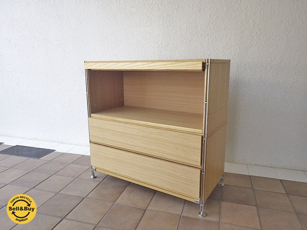 無印良品 MUJI スレンレスユニットシェルフ ボックスフラップ・ボックス引き出し2段 タモ材 ◇