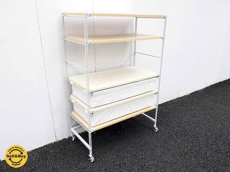 無印良品 / MUJI 『 スチールユニットシェルフ ・ 中 』 各オプション ( キャスター、追加帆布バスケット×2 追加帆立補強パーツ、追加木製棚×2=計5枚 ) 付属! ★