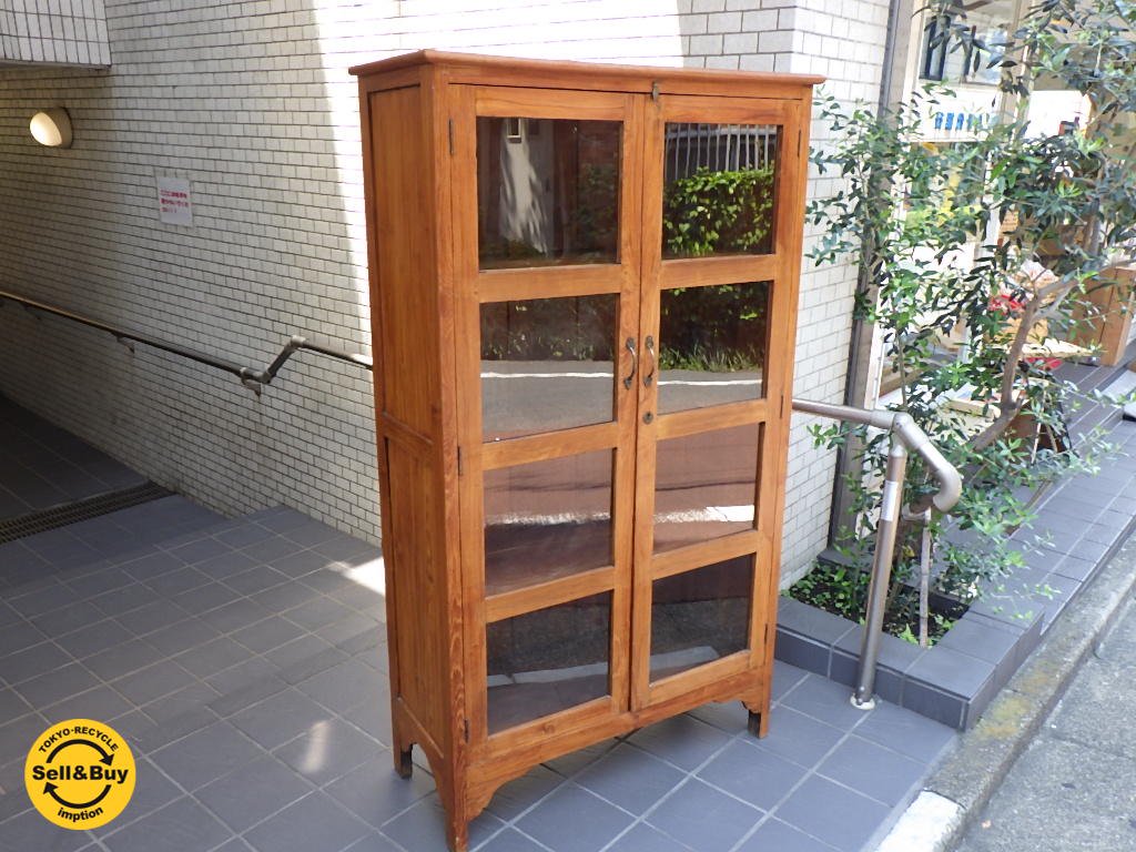 オールドメゾン old maison 古材 チーク 無垢材 ガラスキャビネット ブックシェルフ 本棚 飾り棚 ■