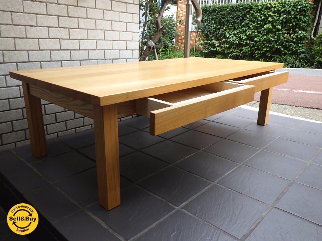 無印良品 MUJI タモ無垢集成材 ローテーブル 引出付 奥行 60cm ナチュラル ■