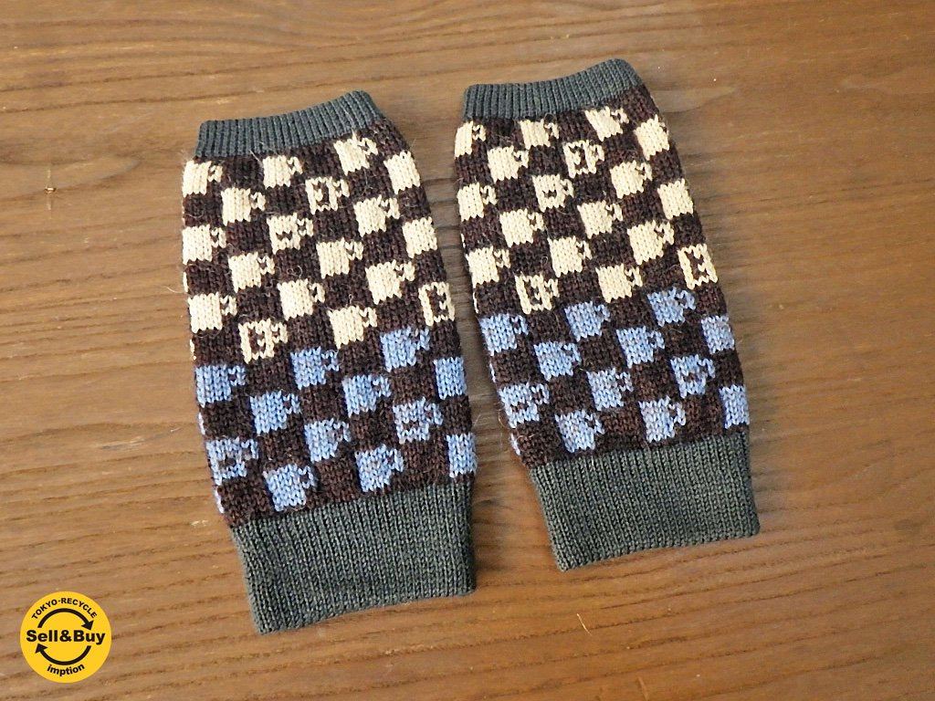 新品 紀編物製作 ハンドメイド ニット編み工房 指出し手袋 コーヒーカップ こげ茶xくすんだ水色 ■