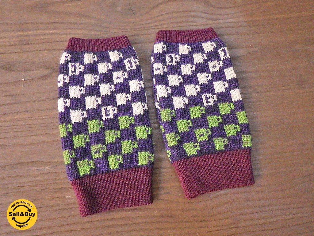新品 紀編物製作 ハンドメイド ニット編み工房 指出し手袋 コーヒーカップ 紺x黄緑 ■