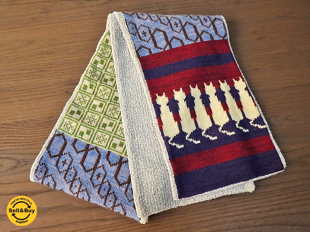 新品 紀編物製作 ハンドメイド ニット編み工房 マフラ― 猫 紺x赤系 ■