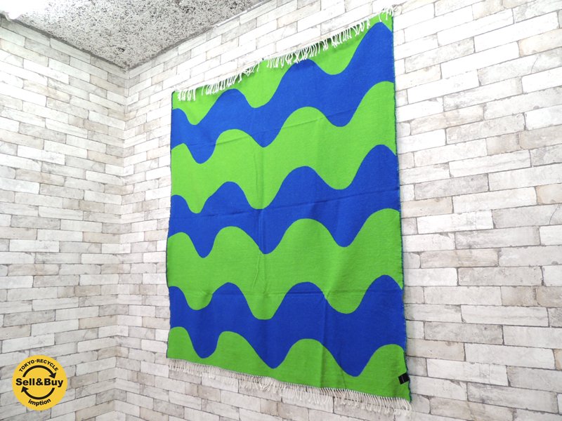 マリメッコ marimekko 大判ブランケット ロッキ LOKKI マイヤ・イソラ Maija Isola 青x緑 ウールxコットン ◎