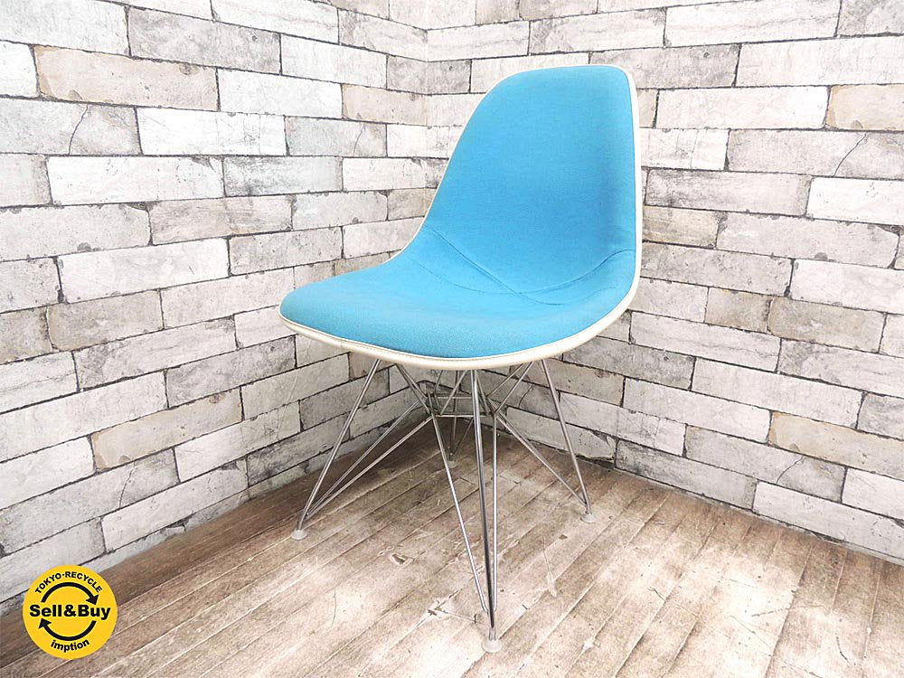 ハーマンミラー hermanmiller サイドシェルチェア + エッフェルベース ファブリック張り 青色 イームズ ビンテージ ミッドセンチュリー ●