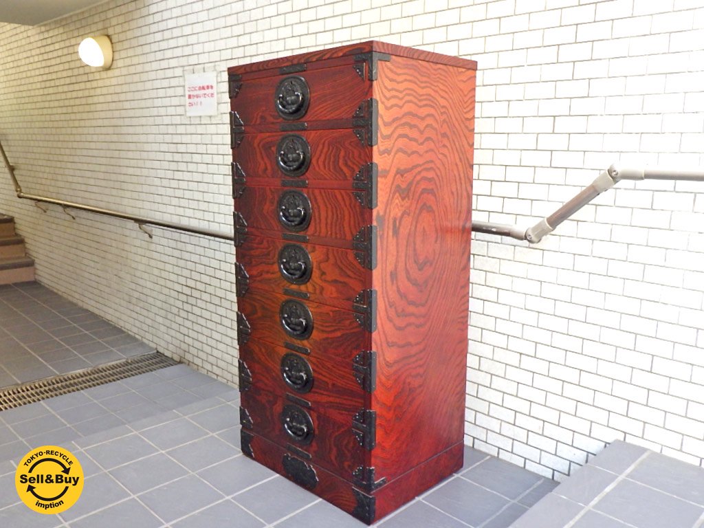 岩谷堂箪笥 七ッ抽 立長箪笥 整理箪笥 ハイチェスト 牡丹紋様 南部鉄器金具 欅 桐 漆塗り 民芸家具 ■
