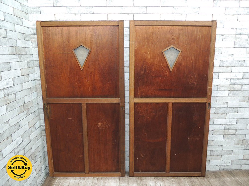古民家 木製引き戸 2枚セット ダイヤガラス W88xH173cm x2 建具 古民具 ビンテージドア 年代物 引き扉 B ●