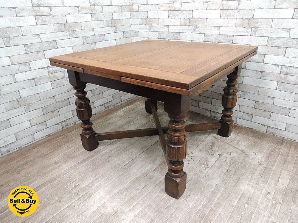 UKビンテージ オーク材 ドローリーフテーブル W106~182cm 英国 アンティーク 無垢 伸長式 店舗什器 カフェ 喫茶店 ●