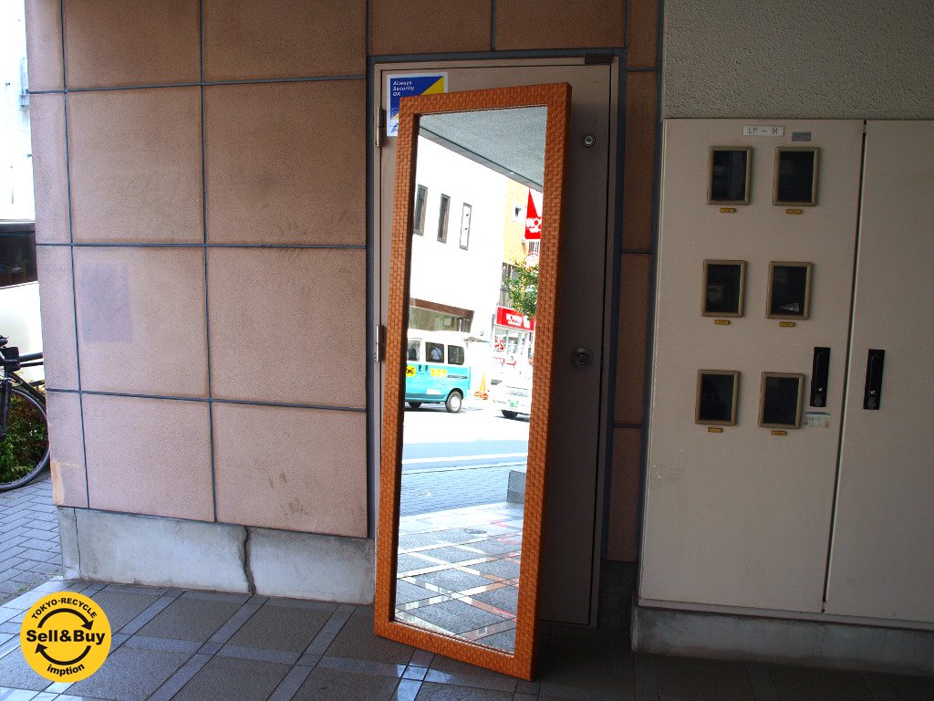 レザー 牛革 ヌメ皮 編み込みフレーム ビッグサイズミラー 赤茶 ウォールミラー 全身鏡 壁立て式鏡 ★