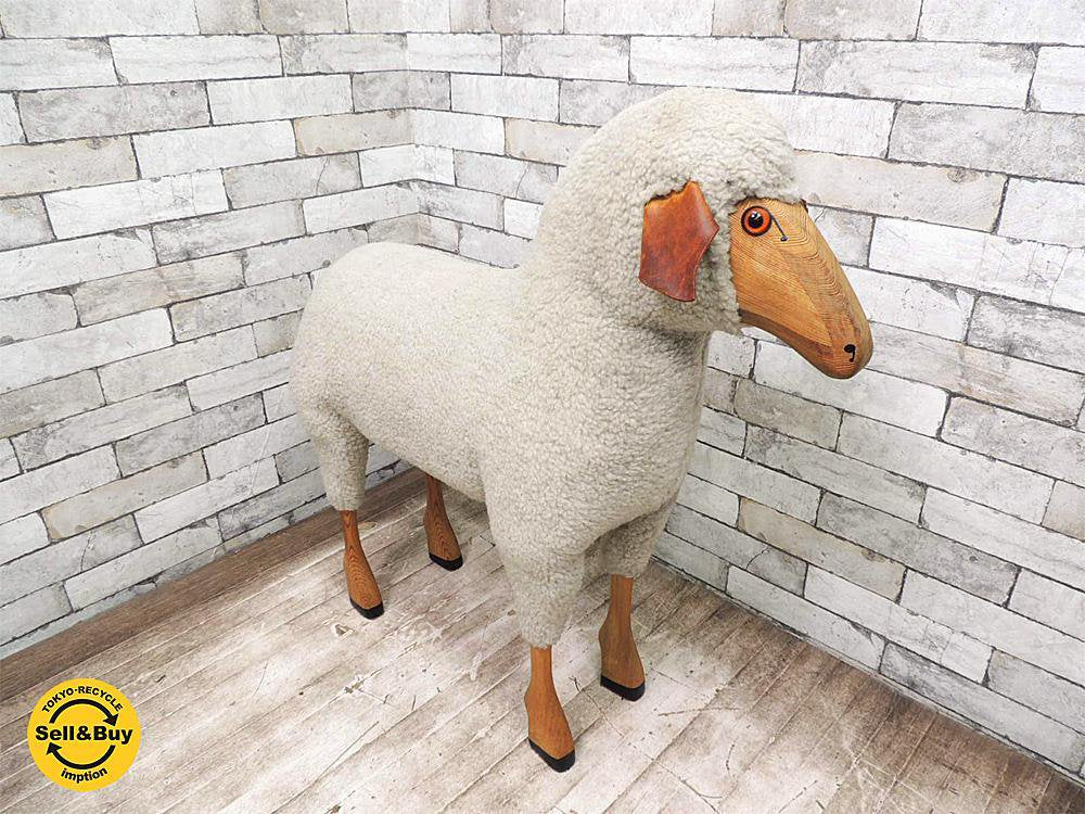 ハンス・ピータークラフト Hanns-peter krafft ビンテージスツールビッグオブジェ 羊 SHEEP 1978 シープスキン レザー パイン材 ドイツ製 ●