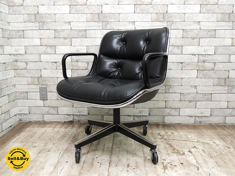ノル Knoll ビンテージ ポロックチェア ブラック本革 4本脚 チャールズポロック ノール ●