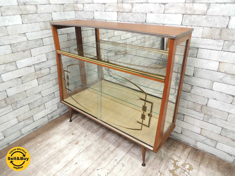 UKビンテージ 50’s ガラスキャビネット カクテルキャビネット ディスプレイケース チーク材 ミラー アンティーク ★