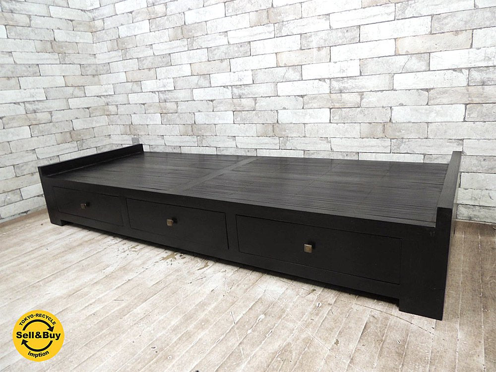マーブルデュモンド アジアン 無垢材xバンブー センターテーブル ベンチ 未使用品 W176.5cm 引き出し3杯 アジア家具 ●