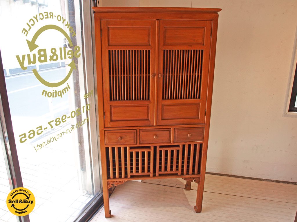 アジアン家具 Asian furniture チーク無垢材 キャビネット 立ち脚 飾り棚 食器棚 ★