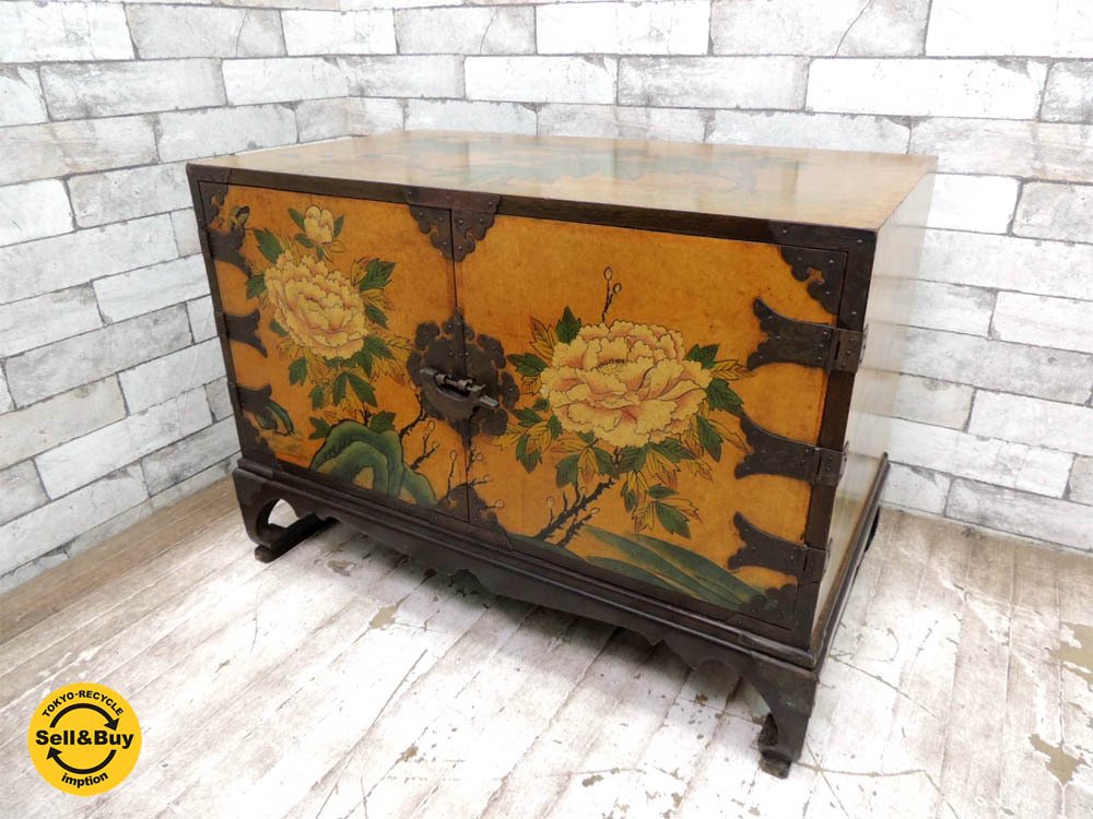 中国伝統家具 花鳥絵図 ハンドペイント キャビネット 収納棚 シノワズリ 手書き ●