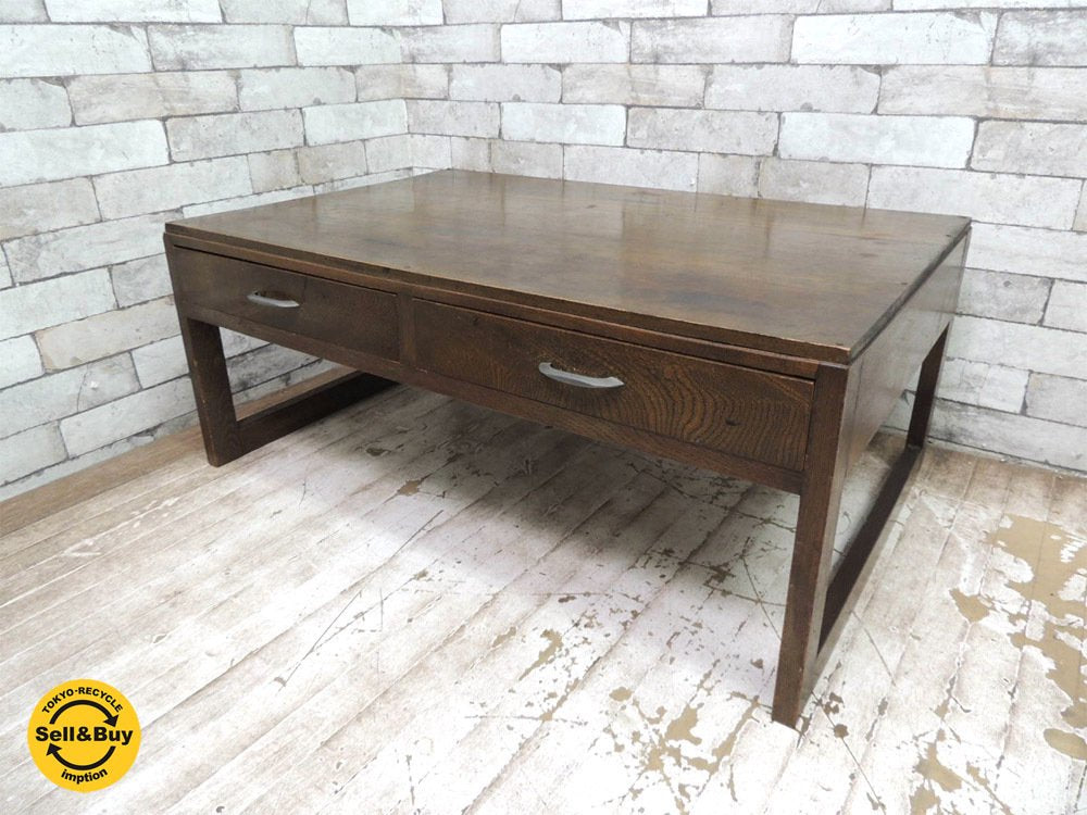 ジャパンビンテージ 文机 ローデスク 抽斗2杯 レトロ家具 和家具 古家具 アンティーク W88.5cm ●