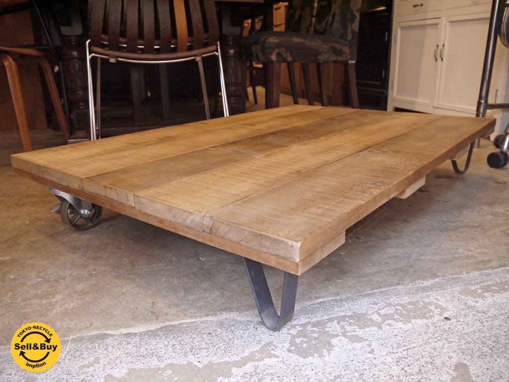 無垢材x鉄脚xキャスター トローリーテーブル 造作台 ローテーブル センターテーブル 台車 ■