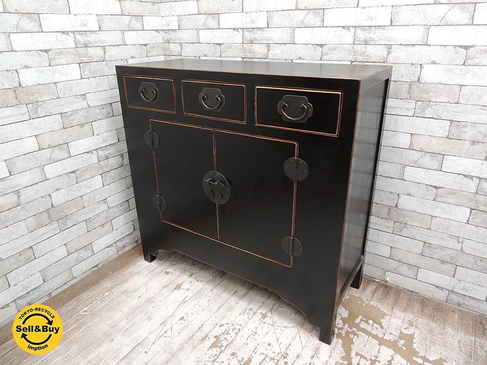 アジアン家具 無垢材 サイドボード キャビネット 収納家具 引き出し3杯 開き扉 李朝 チャイニーズスタイル ●