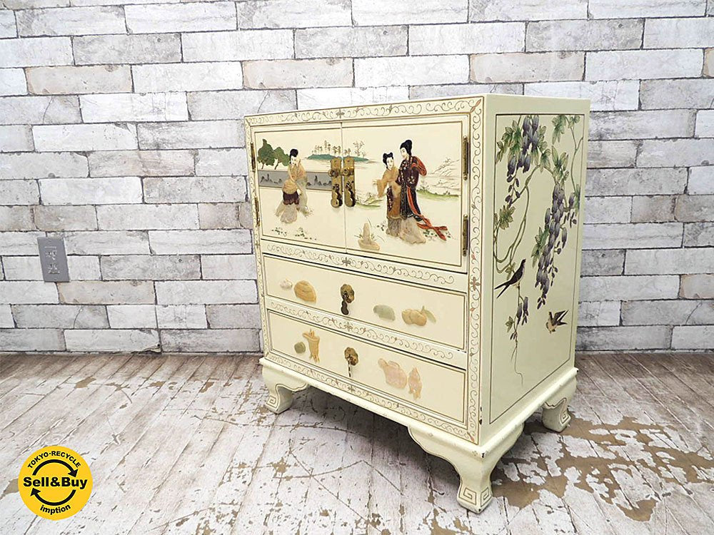 中国伝統工芸 揚州漆器 多宝嵌 キャビネット 収納棚 箪笥 チェスト シノワズリ 漆塗り ハンドペイント ●