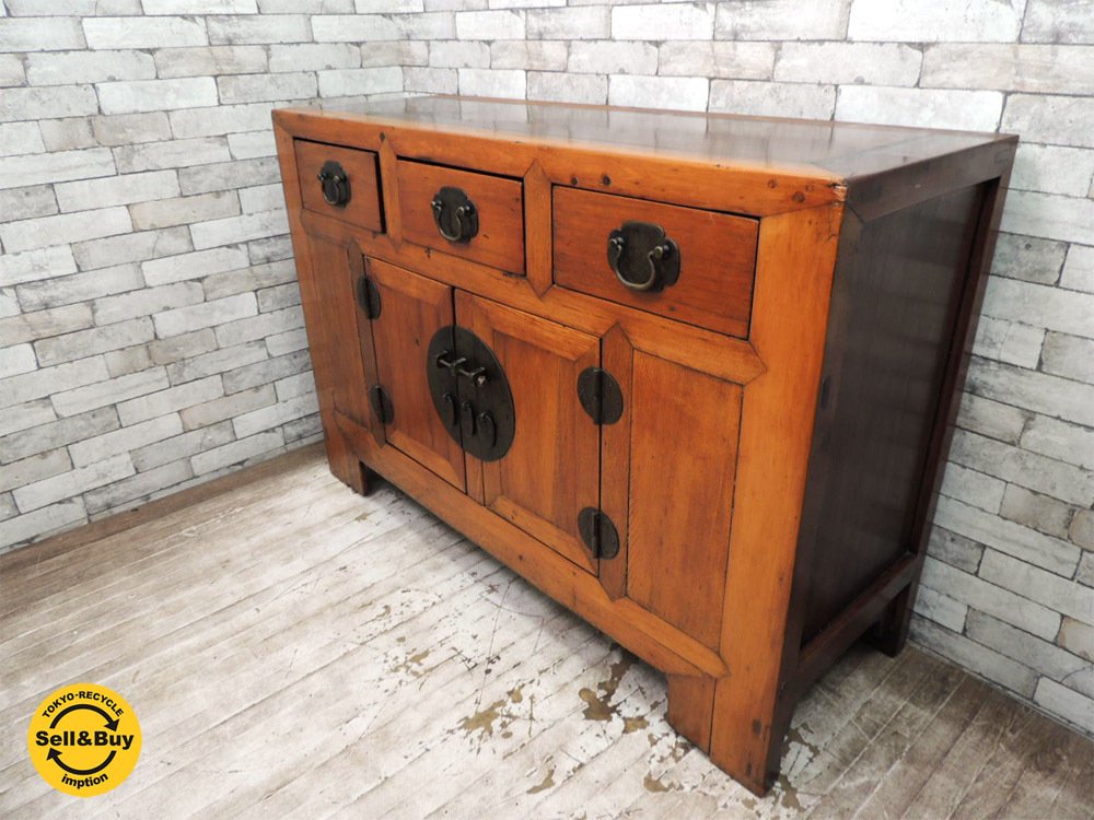 アジアン家具 無垢材 サイドボード キャビネット 収納家具 引き出し3杯 李朝 チャイニーズスタイル ●