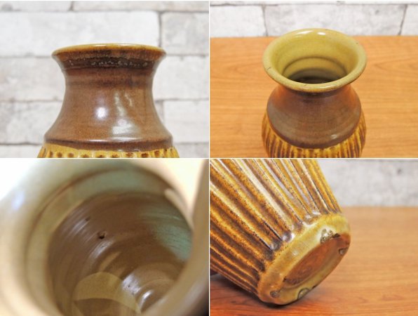 安部太一 黄釉しのぎ 花器 フラワーベース 現代作家 ●