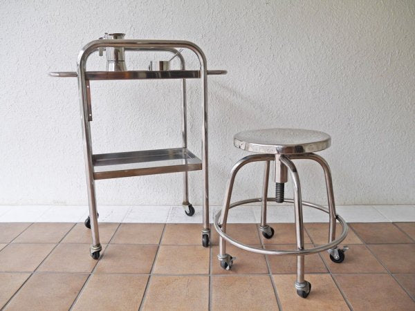 インダストリアル 医療用工業製品 総ステンレス 高級 メディカルスツール 回転椅子 ドクターチェア 昇降機能 & フットレスト & ロック付きキャスター ◇