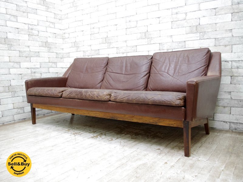 デンマーク ビンテージ 本革 x ローズウッド 3pソファ 3シーター W184cm 北欧家具 ●
