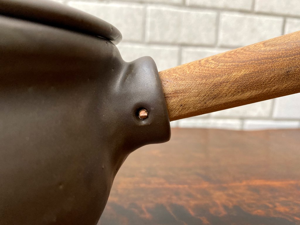 馬場勝文 耐熱ミルクパン 蓋付き 黒 陶器 チーク材取っ手付き ■