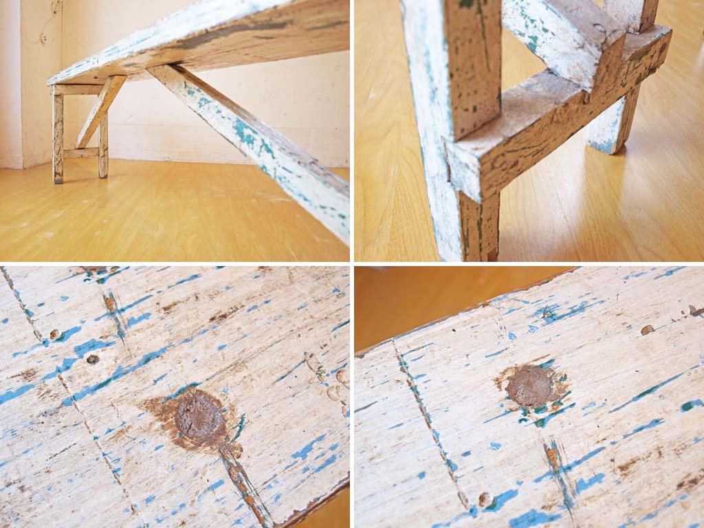 シャビーシック ペインテッド ロング ウッドベンチ Painted wood bench パイン無垢 古材 スクラップウッド ★