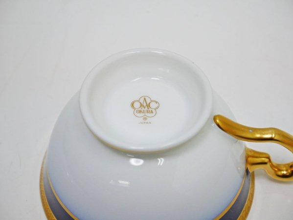 大倉陶園 OKURA 瑠璃片葉金蝕 カップ&ソーサー C/S ロイヤルブルー 白磁 C ●
