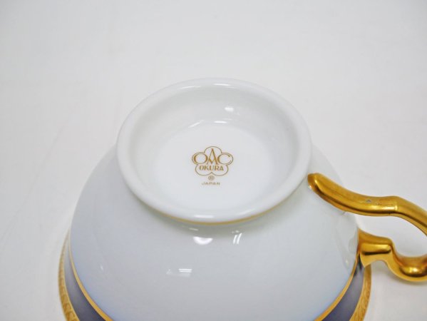 大倉陶園 OKURA 瑠璃片葉金蝕 カップ&ソーサー C/S ロイヤルブルー 白磁 F ●