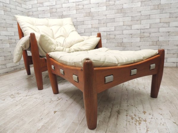 ブラジリアン ビンテージ セルジオ・ロドリゲス スタイル チーク無垢材 ラウンジチェア 1人掛けソファ & オットマン ミッドセンチュリー ●