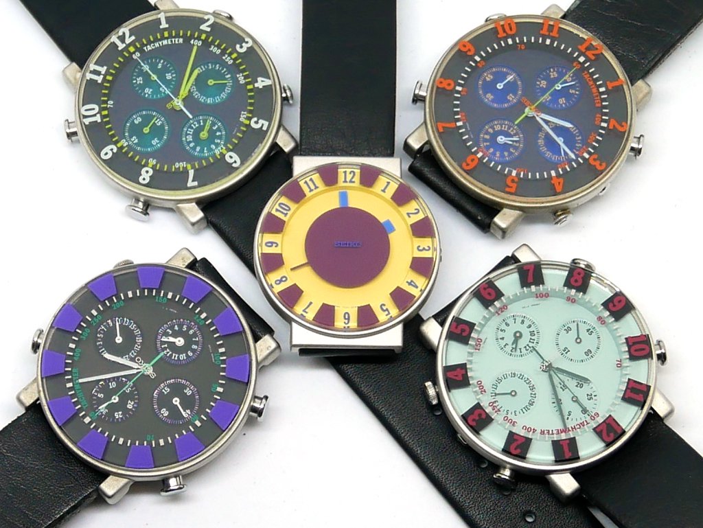 セイコー SEIKO ソットサス コレクション 7T34-6A30 グリーン 1993年発売 オリジナルモデル 箱説付 Sottsass 3層ガラス クロノグラフアラーム 新品ベルト付 OH済 ●
