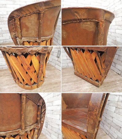 エキパレスチェア エキパルチェア 本革 アームチェア 民芸家具 アンティーク クラフト メキシコ B●