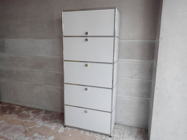 USMモジュラーファニチャー USMハラーシステム 1列5段 シェルフ キャビネット フラップ扉×1 ドロップダウンドア×3 ドロワー1杯 ライトグレー A ♪