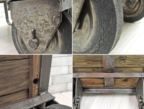 フランス ビンテージ インダストリアル トローリーテーブル 車輪付き サイドテーブル ファクトリーテーブル ●