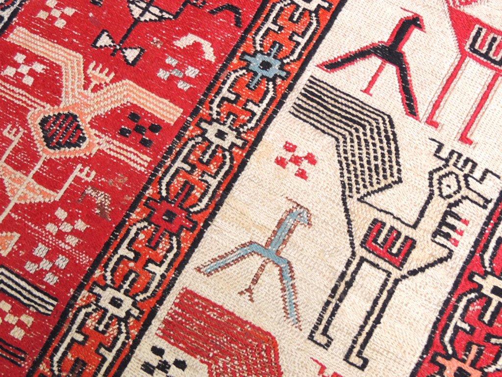 ASRAN アフガニスタン製 シルク キリム 絨毯 ラグ 280×191cm バード柄 レッド ●