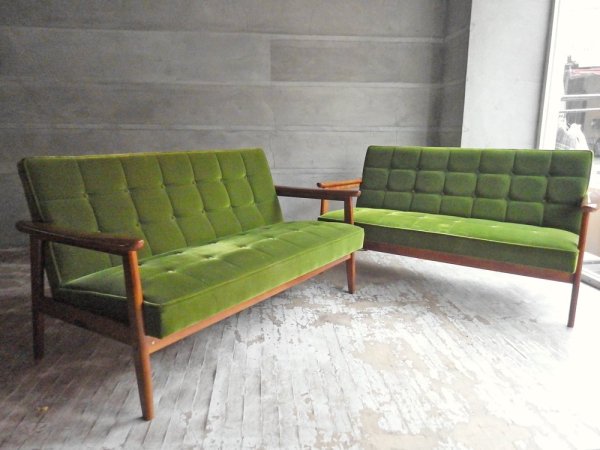 カリモク60 karimoku60 Kチェア 2シーター ソファ モケットグリーン 60's ジャパニーズミッドセンチュリー B♪