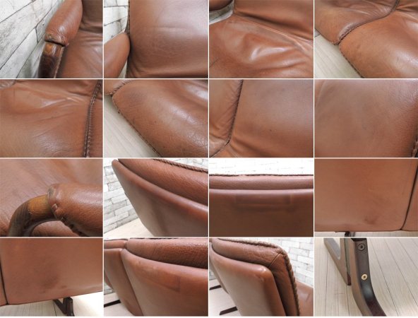 ベルグファニチャー Berg Furniture ビンテージ レザーソファ 3P チーク無垢材フレーム 本革 北欧 デンマーク ●