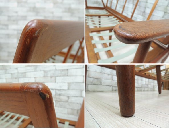 デンマークビンテージ Danish vintage チーク無垢材 3人掛ソファ ファブリック スプリングクッション 北欧 現状品 ●