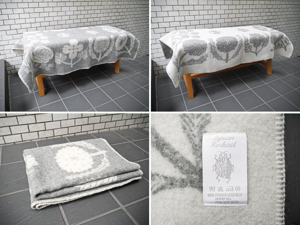 ラプアン カンクリ LAPUAN KANKURIT × 鹿児島睦 花と蝶 VILLIKUKKIA ブランケット ウール100% グレー/ホワイト 90x130cm フィンランド ■