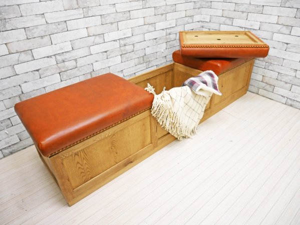 トラックファニチャー TRUCK FURNITURE フルオーダー ブランケットボックス ベンチ 3人掛け 本革シート オーク無垢材 W193cm インダストリアル オーダー価格¥504,900- ●